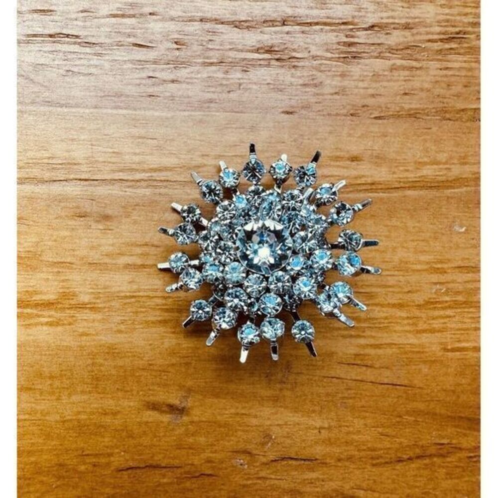 VTG Faceted‎ Rhinestone Brooch Pin Statement Silver Tone Star Burst Atomic Style - Picture 6 of 12